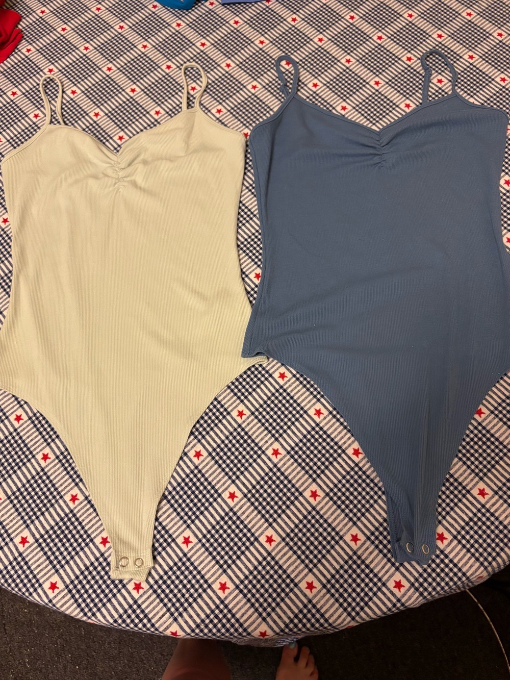 American Eagle Ribbed One-Piece Bodysuits in Light Green and Blue